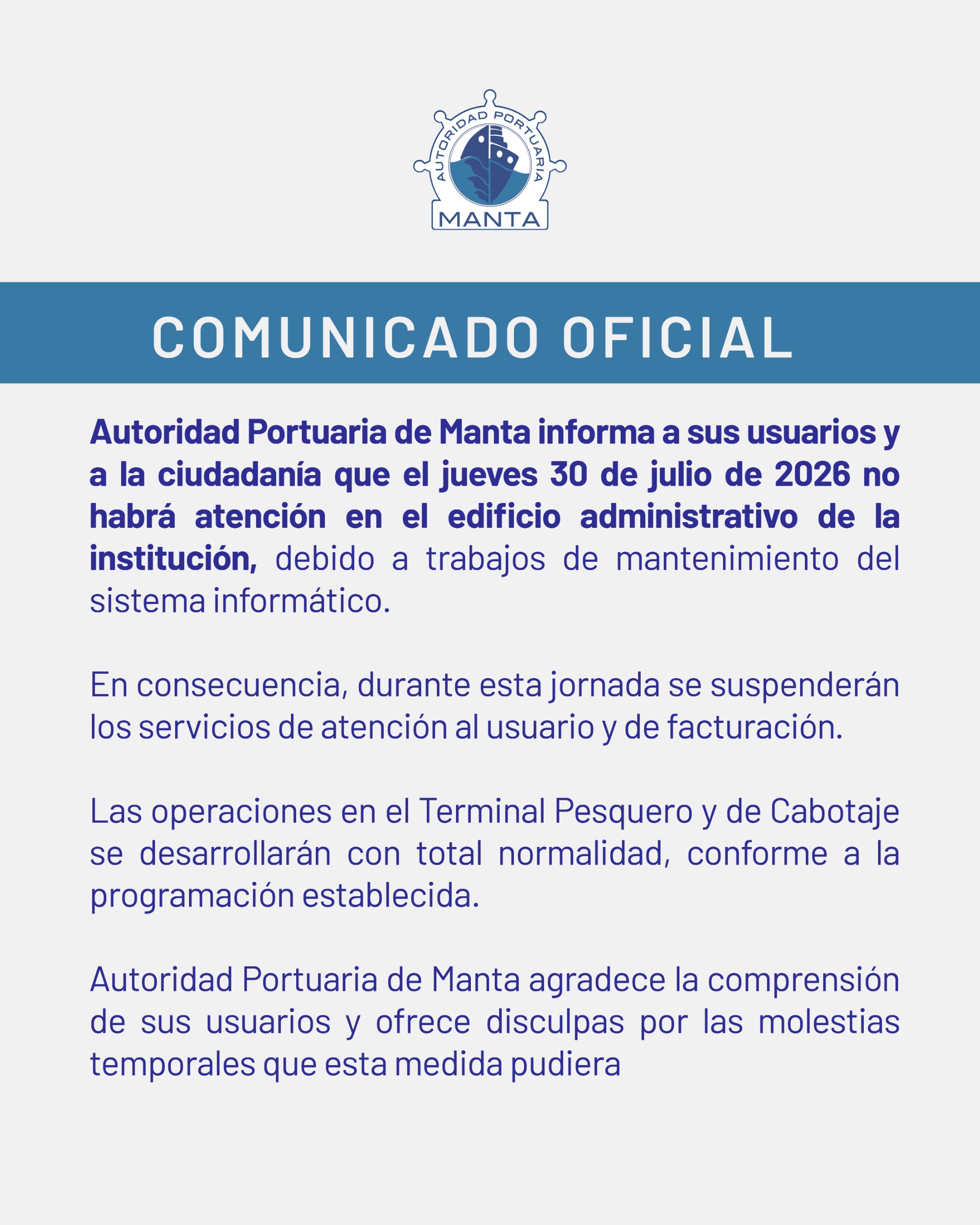 Comunicado Oficial - Autoridad Portuaria de Manta
